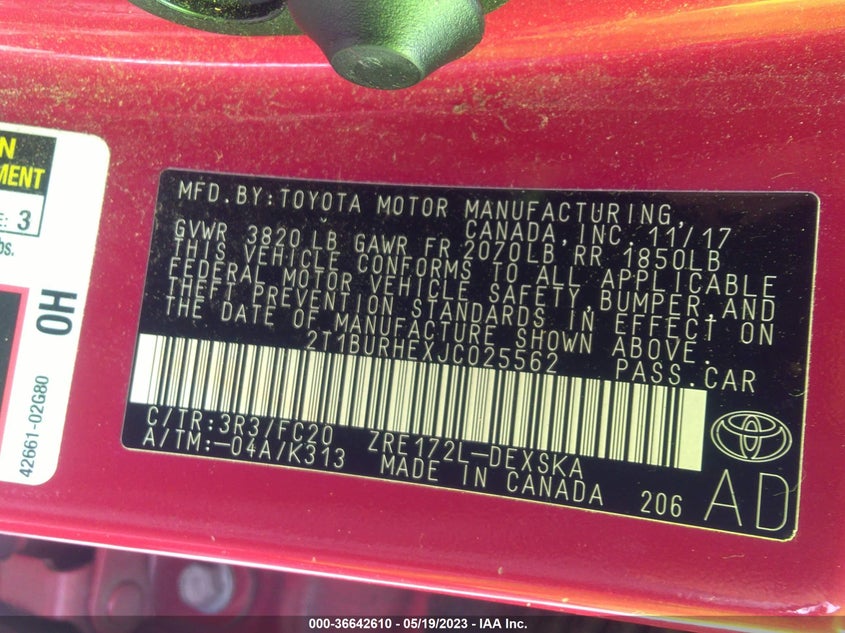 VIN 2T1BURHEXJC025562 2018 TOYOTA COROLLA L/LE/XLE/SE/XSE