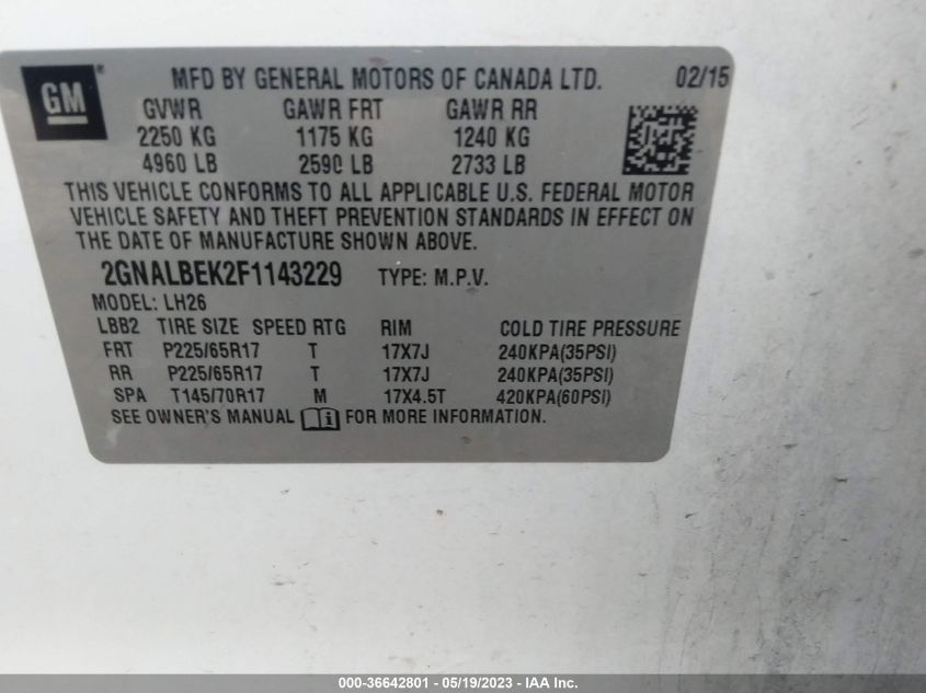 2015 CHEVROLET EQUINOX LT - 2GNALBEK2F1143229