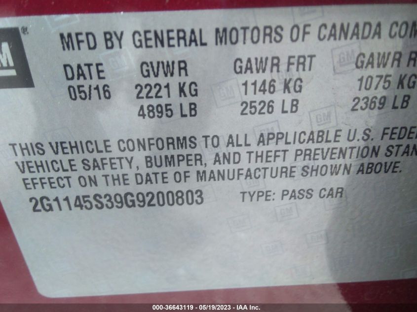 2016 CHEVROLET IMPALA LTZ - 2G1145S39G9200803