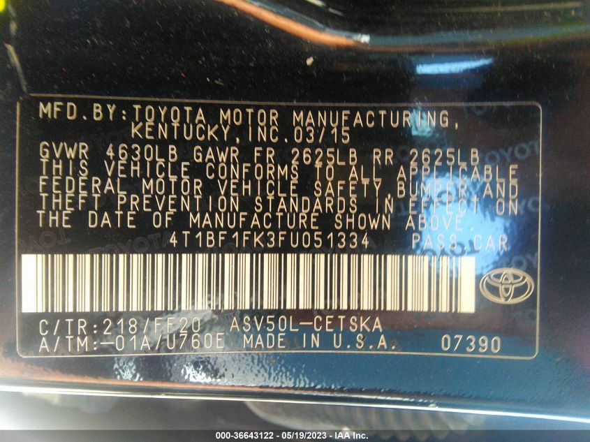 2015 TOYOTA CAMRY XLE/SE/LE/XSE - 4T1BF1FK3FU051334