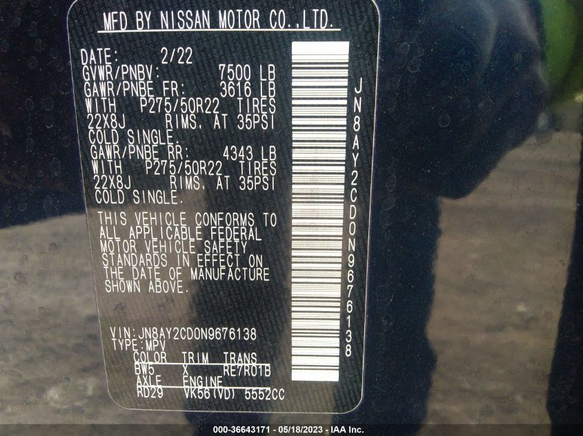 2022 NISSAN ARMADA PLATINUM - JN8AY2CD0N9676138