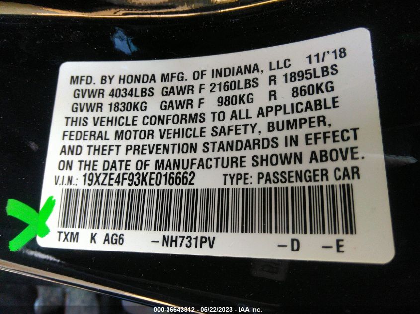 2019 HONDA INSIGHT TOURING 19XZE4F93KE016662