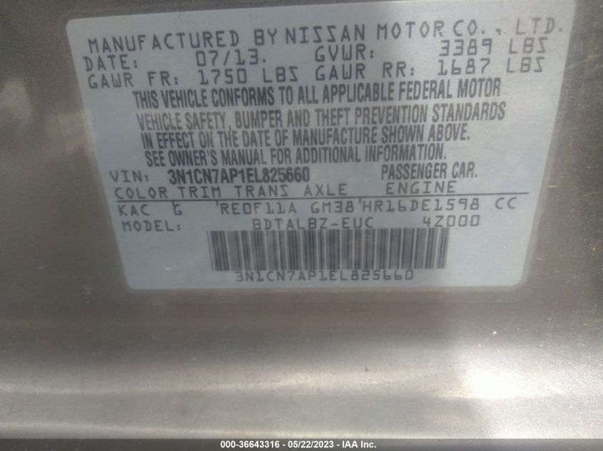2014 NISSAN VERSA SV - 3N1CN7AP1EL825660
