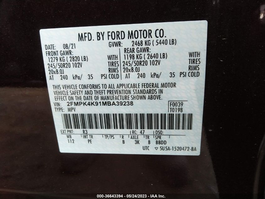 2FMPK4K91MBA39238 2021 FORD EDGE, photo no. 9