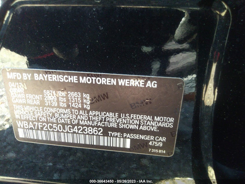 Auction sale of the 2018 BMW 7 SERIES , vin: WBA7F2C50JG423862, lot number: 36643450