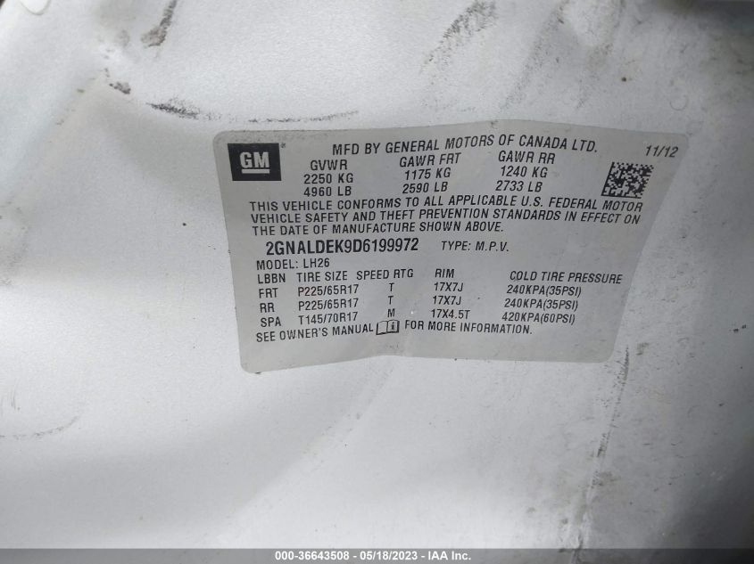 2013 CHEVROLET EQUINOX LT - 2GNALDEK9D6199972