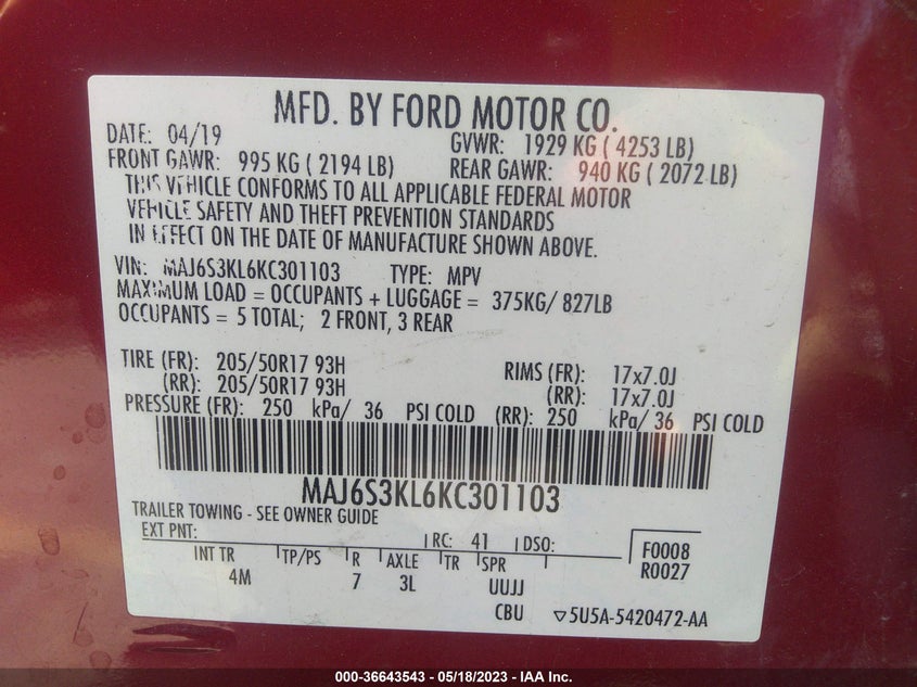 VIN MAJ6S3KL6KC301103 2019 FORD ECOSPORT TITANIUM