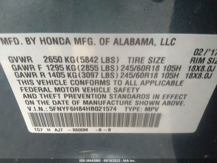 2017 HONDA PILOT EX-L - 5FNYF6H84HB021574