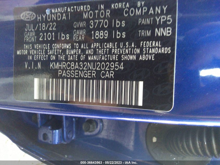 2022 HYUNDAI VENUE LIMITED - KMHRC8A32NU202954