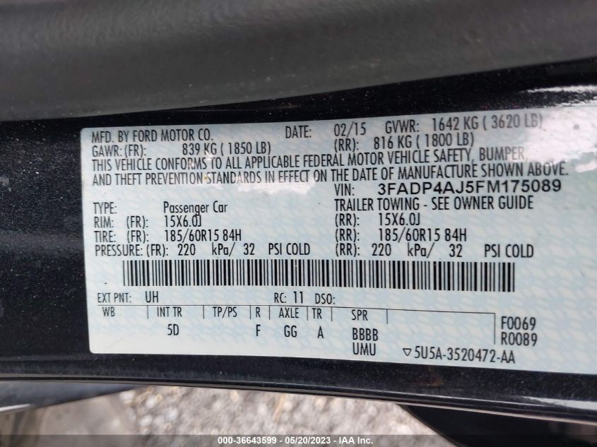 2015 FORD FIESTA S - 3FADP4AJ5FM175089
