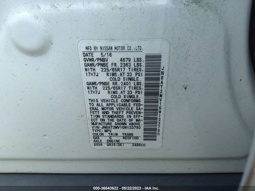 2016 NISSAN ROGUE S - JN8AT2MV1GW133780
