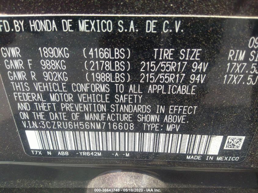 2022 HONDA HR-V EX - 3CZRU6H56NM716608