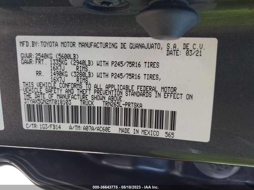 2021 TOYOTA TACOMA 2WD SR/SR5 - 3TYAX5GN2MT018103