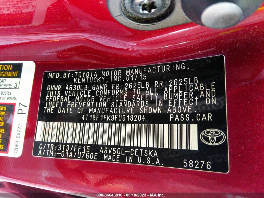 2015 TOYOTA CAMRY XLE/SE/LE/XSE - 4T1BF1FK9FU918204