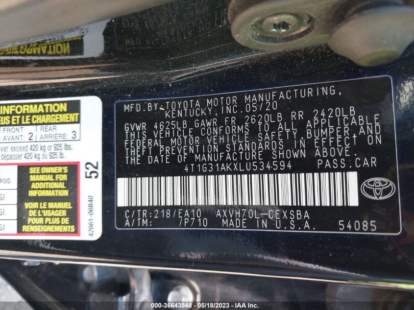 2020 TOYOTA CAMRY HYBRID SE - 4T1G31AKXLU534594