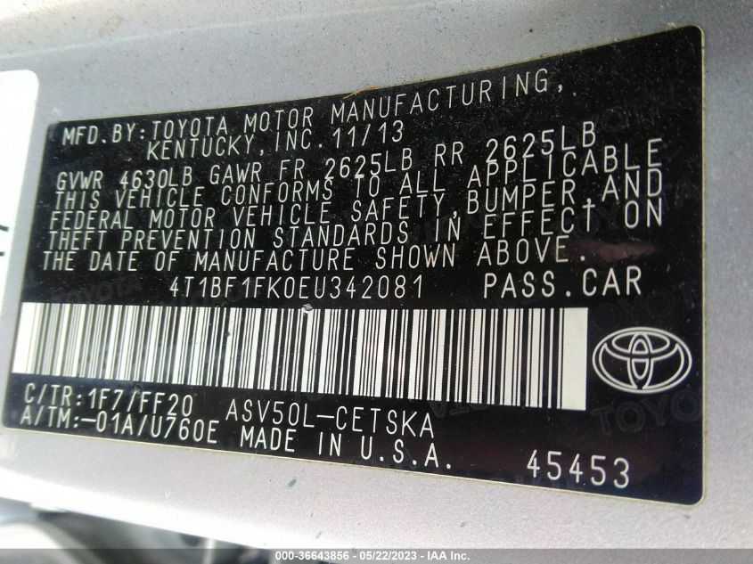 2014 TOYOTA CAMRY L/LE/XLE/SE/SE SPORT - 4T1BF1FK0EU342081