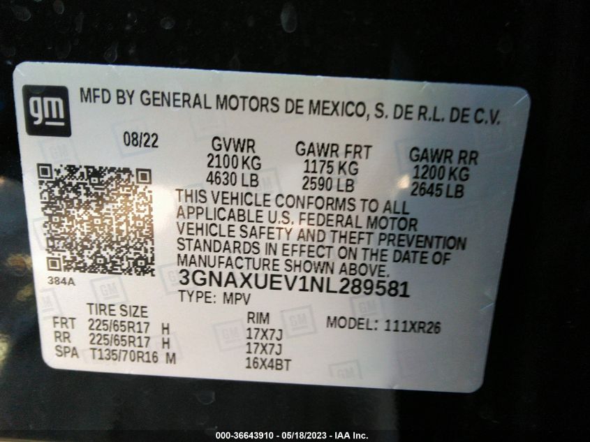 2022 CHEVROLET EQUINOX LT - 3GNAXUEV1NL289581