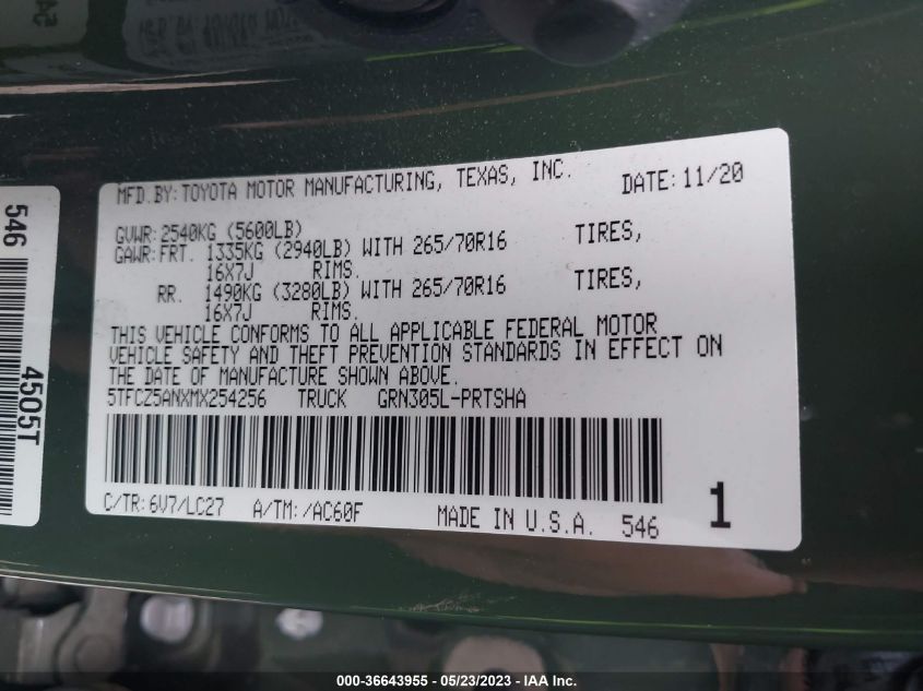 2021 TOYOTA TACOMA 4WD SR/SR5/TRD SPORT - 5TFCZ5ANXMX254256