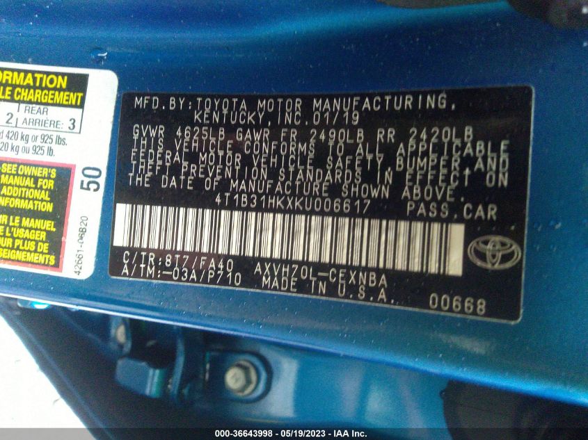 2019 TOYOTA CAMRY HYBRID LE - 4T1B31HKXKU006617