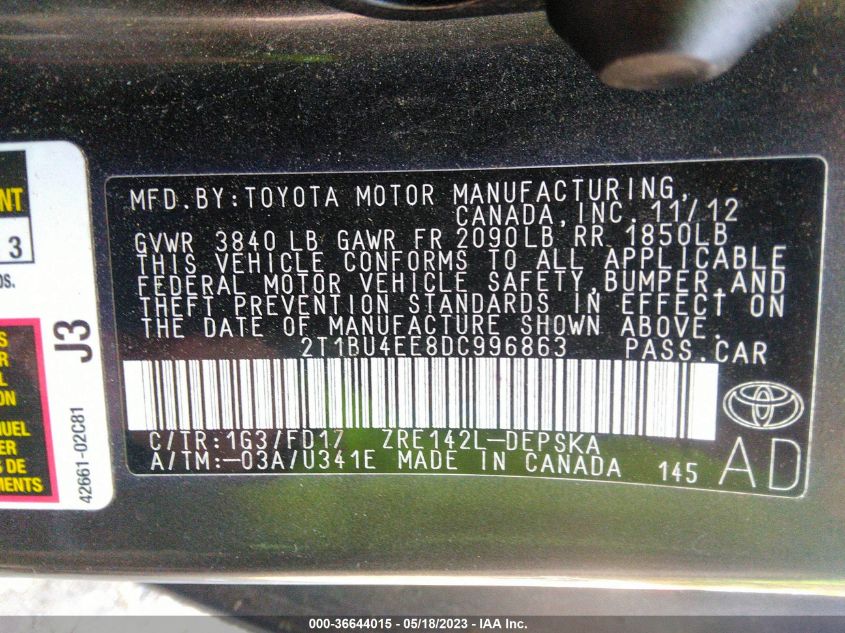 2013 TOYOTA COROLLA L/LE/S - 2T1BU4EE8DC996863