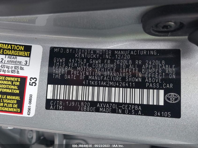 2021 TOYOTA CAMRY XSE - 4T1K61AK2MU426411