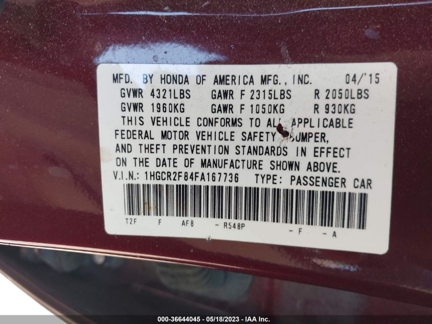 2015 HONDA ACCORD SEDAN EX-L - 1HGCR2F84FA167736