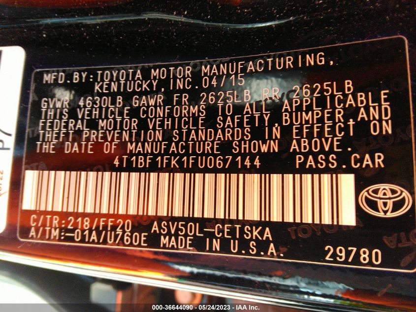 2015 TOYOTA CAMRY XLE/SE/LE/XSE - 4T1BF1FK1FU067144