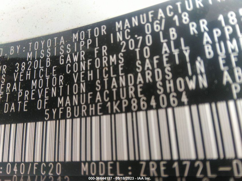 2019 TOYOTA COROLLA L/LE/SE/XLE/XSE - 5YFBURHE1KP864064