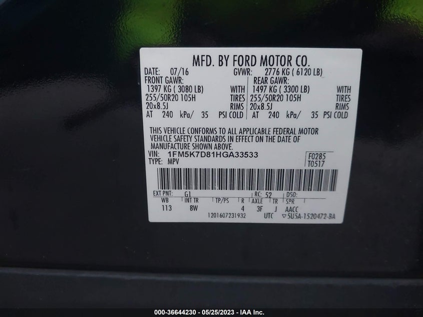 VIN 1FM5K7D81HGA33533 2017 FORD EXPLORER XLT