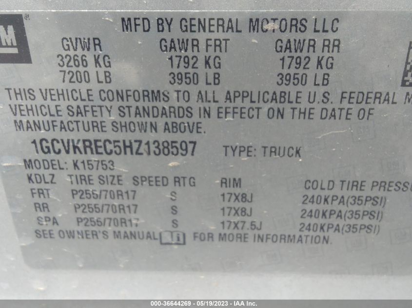2017 CHEVROLET SILVERADO 1500 LT - 1GCVKREC5HZ138597