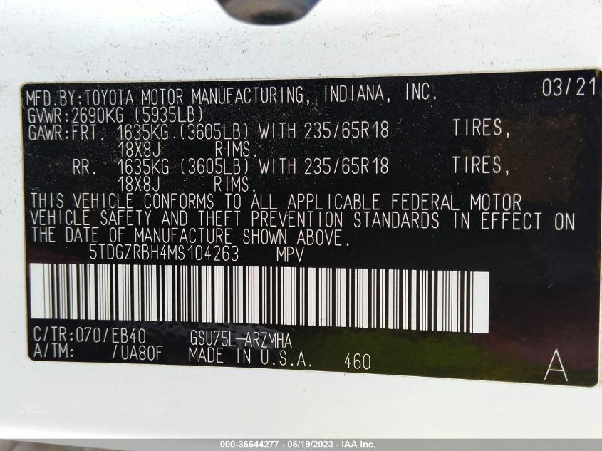 2021 TOYOTA HIGHLANDER XLE - 5TDGZRBH4MS104263