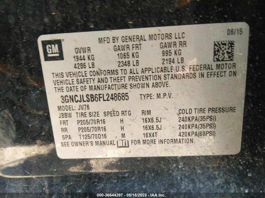 2015 CHEVROLET TRAX LT - 3GNCJLSB6FL248685