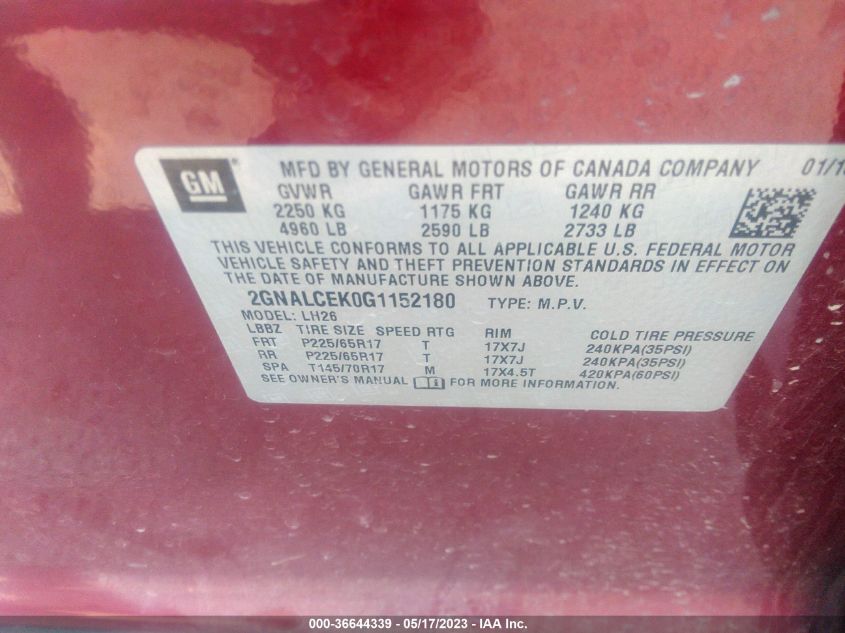 2016 CHEVROLET EQUINOX LT - 2GNALCEK0G1152180