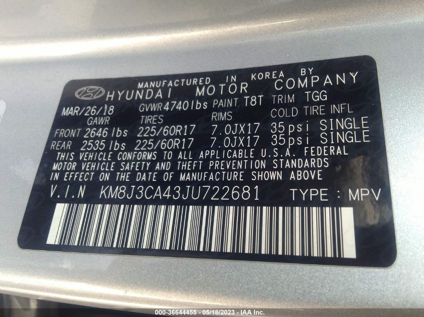 2018 HYUNDAI TUCSON SEL - KM8J3CA43JU722681