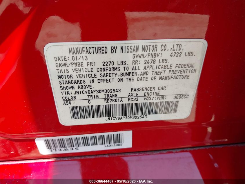 2013 INFINITI G37 SEDAN JOURNEY JN1CV6AP3DM302543