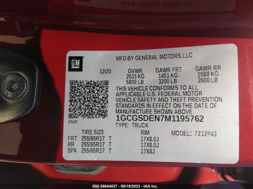2021 CHEVROLET COLORADO 2WD Z71 - 1GCGSDEN7M1195762