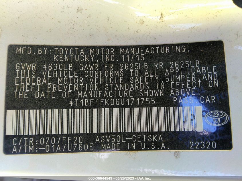 Auction sale of the 2016 TOYOTA CAMRY , vin: 4T1BF1FK0GU171755, lot number: 36644549