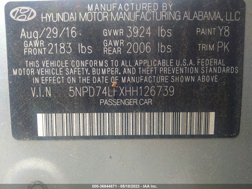 2017 HYUNDAI ELANTRA SE - 5NPD74LFXHH126739