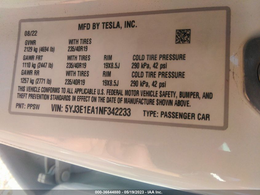 2022 TESLA MODEL 3 - 5YJ3E1EA1NF342233