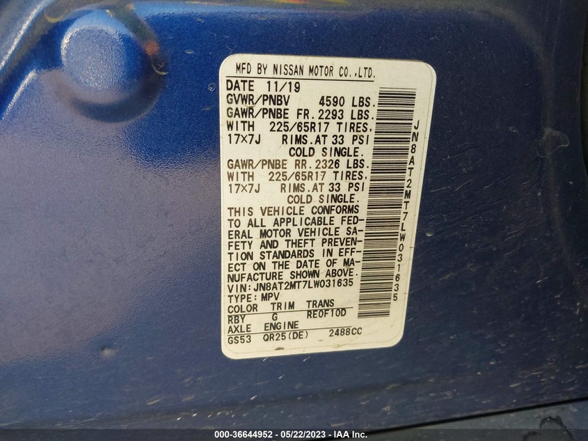 VIN JN8AT2MT7LW031635 2020 NISSAN ROGUE SV
