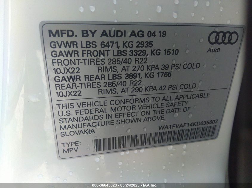 2019 AUDI Q8 PRESTIGE - WA1FVAF14KD035602