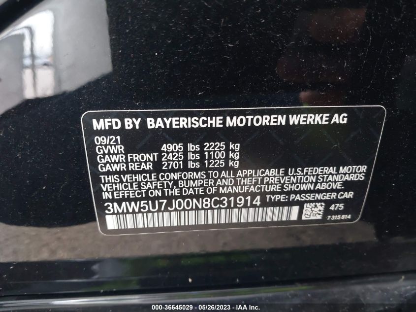 2022 BMW 3 SERIES M340I - 3MW5U7J00N8C31914
