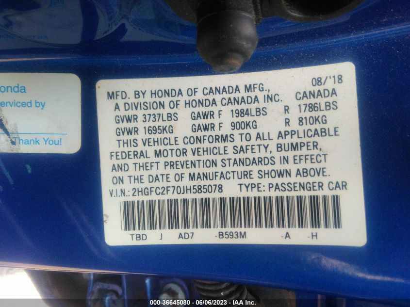 2018 HONDA CIVIC SEDAN EX - 2HGFC2F70JH585078