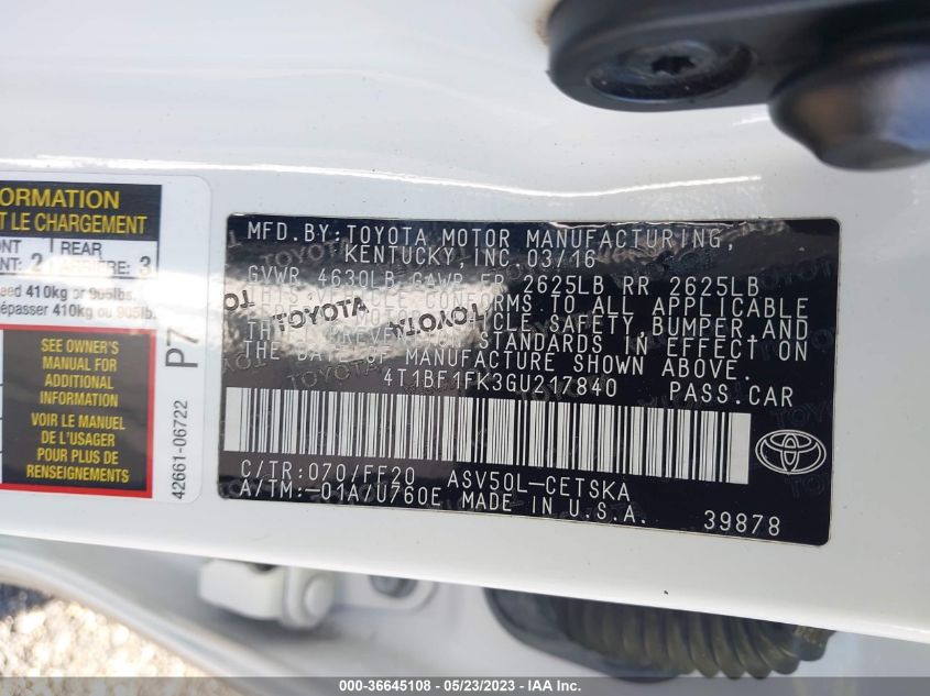 2016 TOYOTA CAMRY XLE/SE/LE/XSE - 4T1BF1FK3GU217840