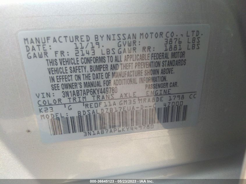 2019 NISSAN SENTRA SV - 3N1AB7AP6KY449780