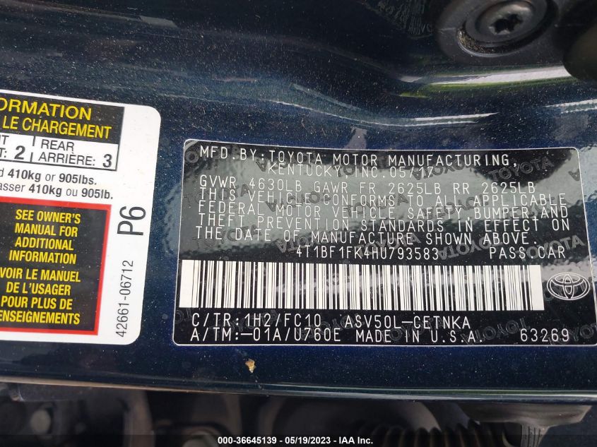 2017 TOYOTA CAMRY XLE/SE/LE/XSE - 4T1BF1FK4HU793583
