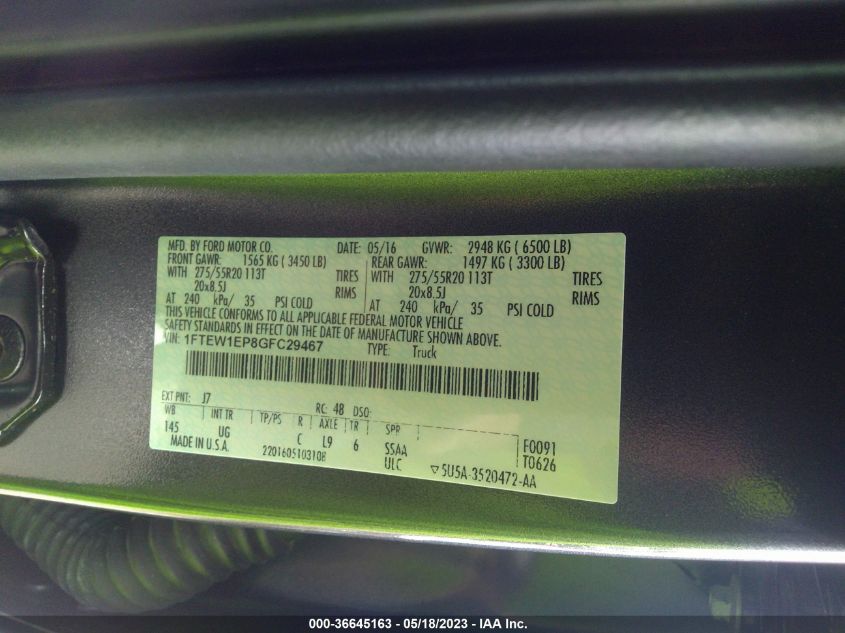 2016 FORD F-150 XLT/XL/LARIAT - 1FTEW1EP8GFC29467