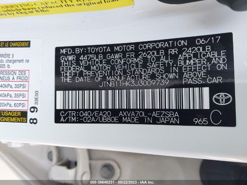 2018 TOYOTA CAMRY LE/SE/XLE/L - JTNB11HK3J3009739