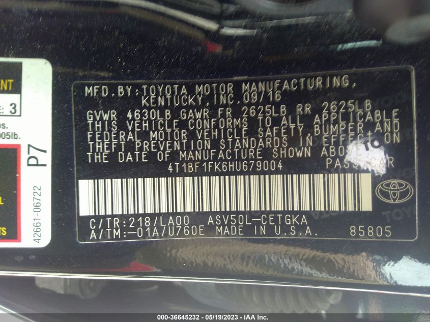 2017 TOYOTA CAMRY XLE/SE/LE/XSE - 4T1BF1FK6HU679004