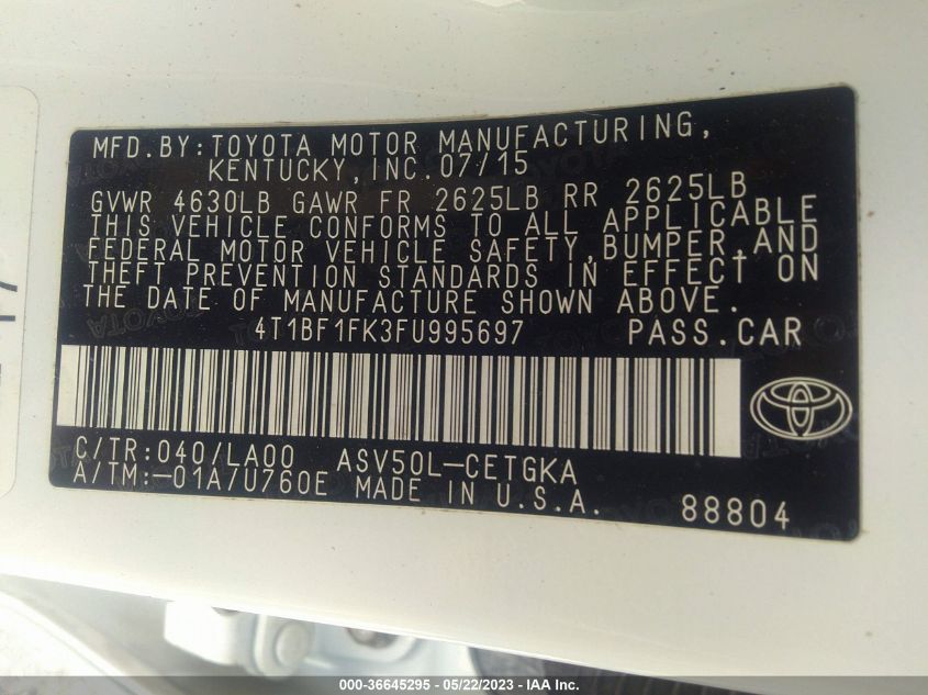 2015 TOYOTA CAMRY XLE/SE/LE/XSE - 4T1BF1FK3FU995697